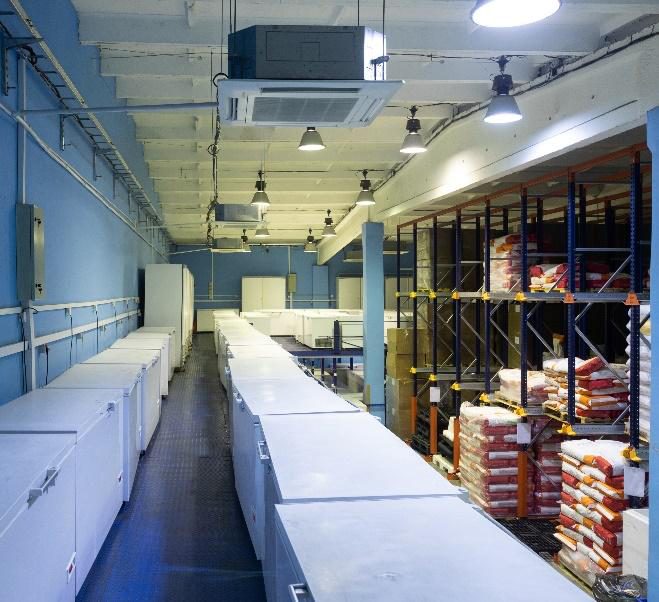 Freezers and racking inside a refrigerated warehouse