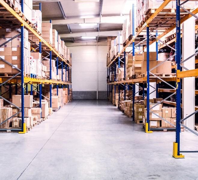 Racked aisles inside a warehouse