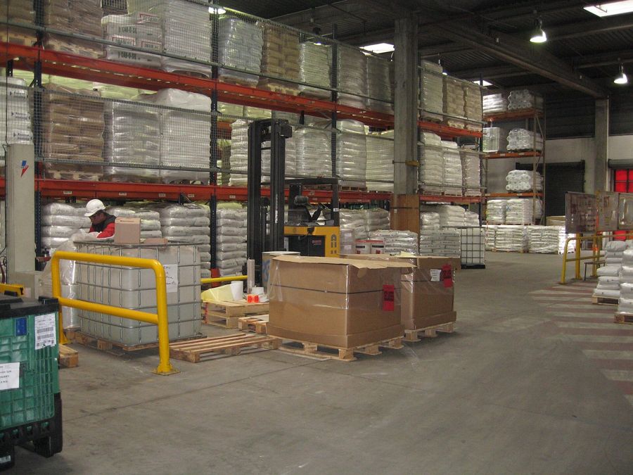 Racked pallets inside a plant warehouse